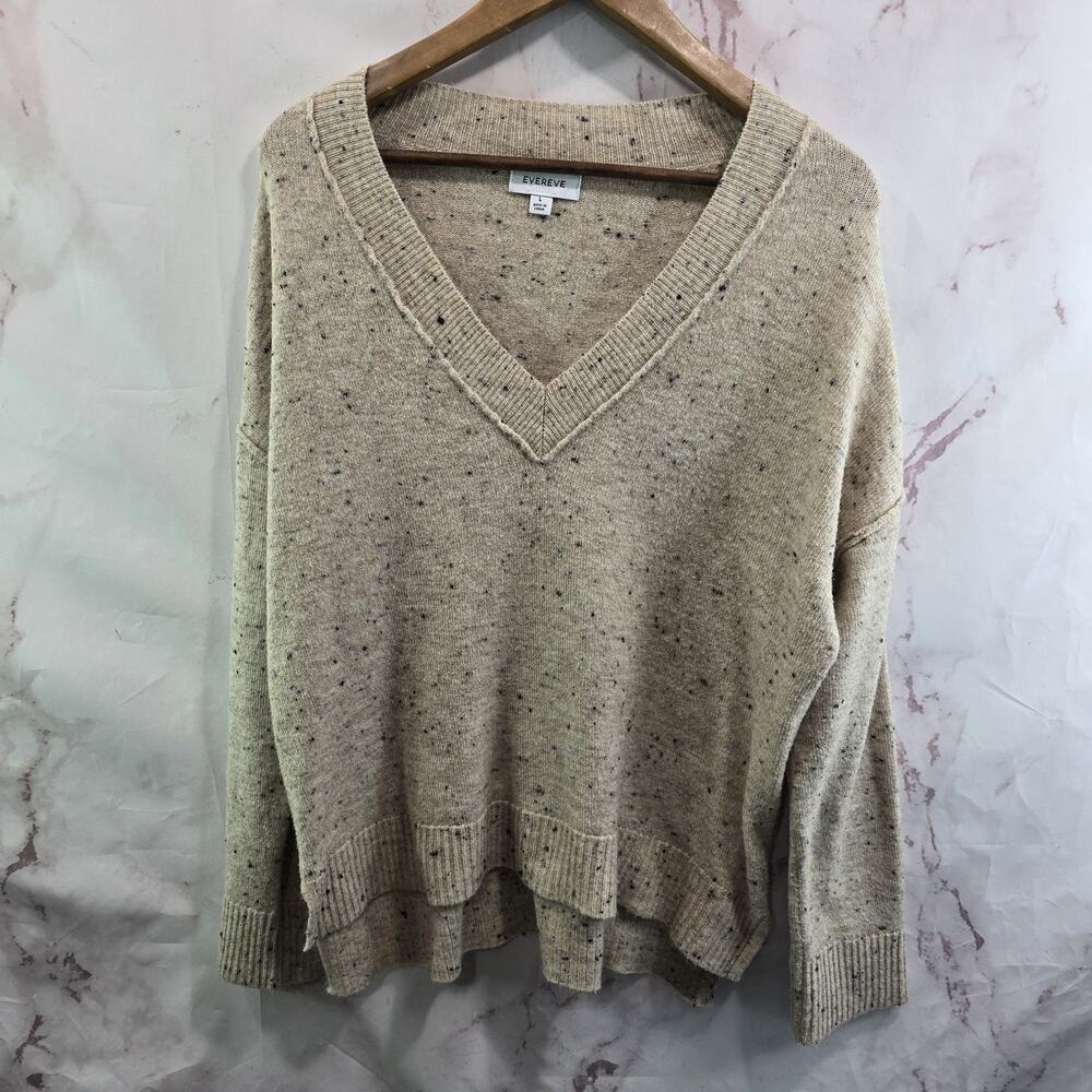 Evereve Sweater Womens Large Oatmeal Beige Fleck Speckled Harlow V Neck